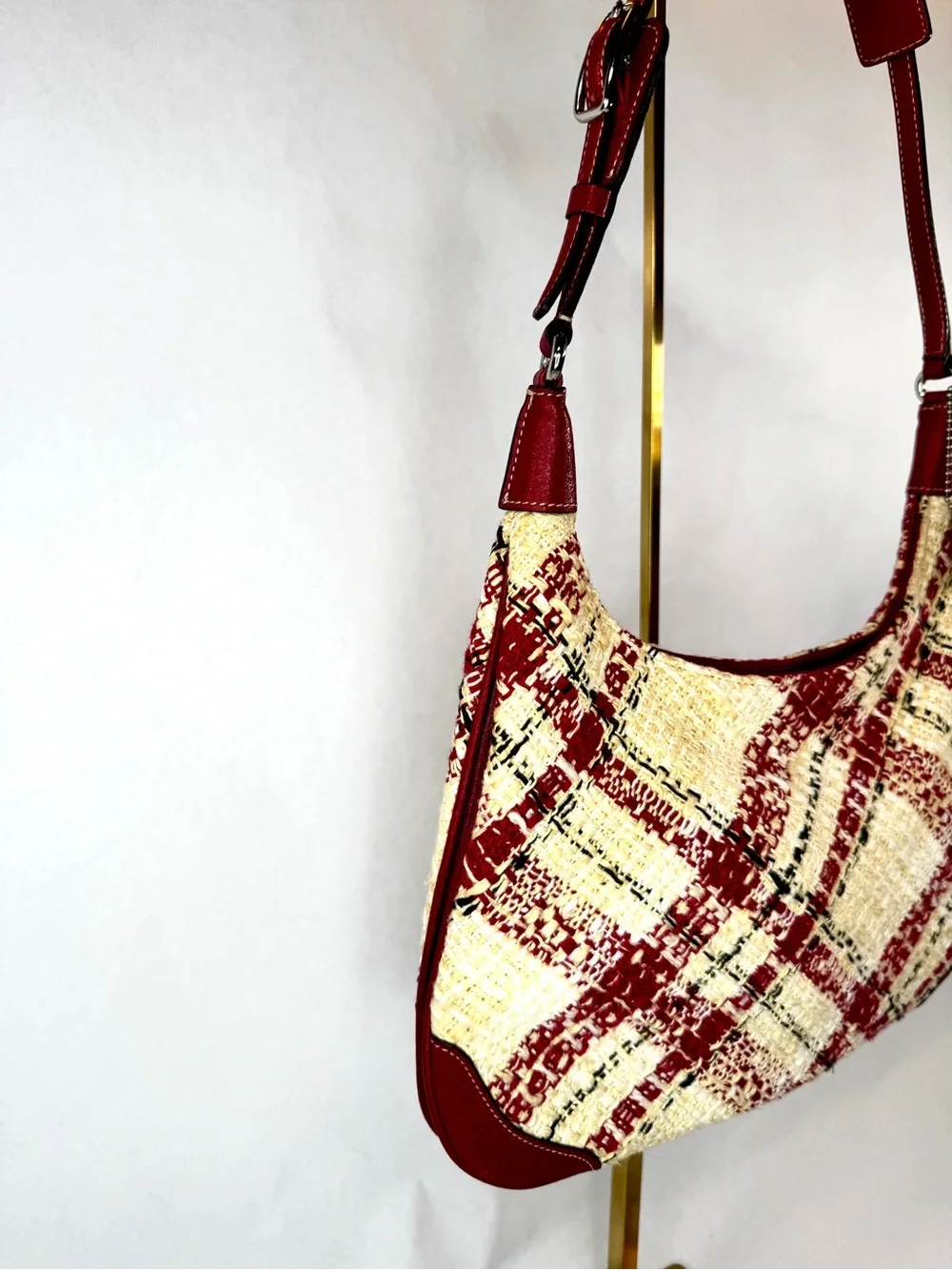 Coach Plaid Tweed Shoulder Hobo Bag Red Cream Leather Trim Style 8368